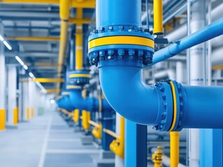Close-up view of a blue industrial pipe with yellow accents and bolts, showcasing modern engineering in a factory setting.