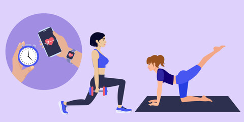 Women exercising using fitness app, smartwatch and stopwatch: fitness, wellness and body care