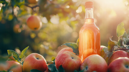 A bottle of apple cider vinegar displayed alongside fresh apples on a bright summer day