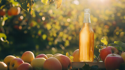 A bottle of apple cider vinegar displayed alongside fresh apples on a bright summer day