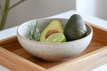 A lush green avocado, a lime, and a sprig of rosemary are lying on a simple ceramic bowl with a natural matte glaze, resting on a wooden tray.