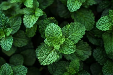 Fresh green mint leaves on dark background. Detailed photo textured background
