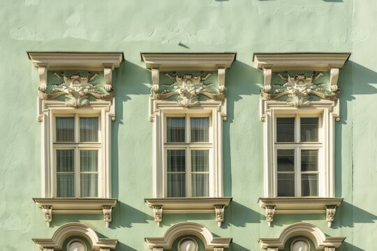 Olive wall and windows of classical building facade in Rome. Detailed photo textured background