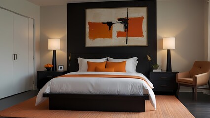 Luxury hotel bedroom with comfortable bed, elegant furniture, and cozy decor, featuring a wooden floor, lamp, and window, creating a peaceful and stylish atmosphere