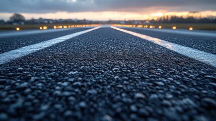 Runway at Dusk, Wet Asphalt, Landing Approach. Possible Use Stock photo for travel, aviation, or nature