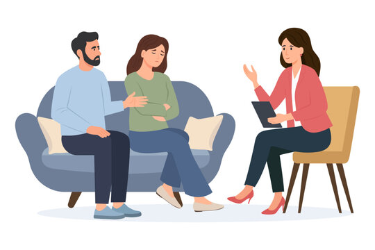 Psychotherapy. Family psychologist speaking with couple , family psychiatry concept.Marriage crisis, conflict, relationship problem.  Vector illustration