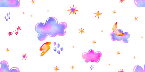 Weather cartoon pattern with clouds, stars and rain. Space background for kids. Baby room, new born children nursery, textile, print