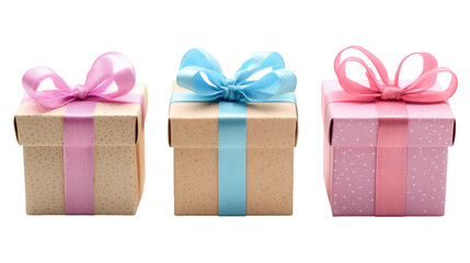 Obraz premium Pastel ribbons adorning wrapped gift boxes, creating elegant present arrangement against clear backdrop for birthday, holiday celebration