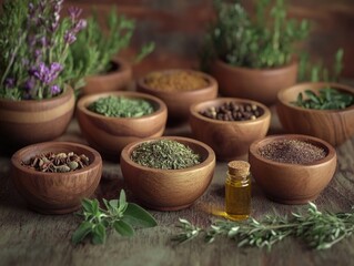 Fototapeta premium Wooden Table with Herbs