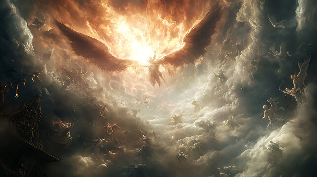 In the vast expanse of heaven, Satan, surrounded by an army of fallen angels, launches a violent attack. His wings spread wide as he brandishes a dark, jagged sword, aiming at the divine presence 