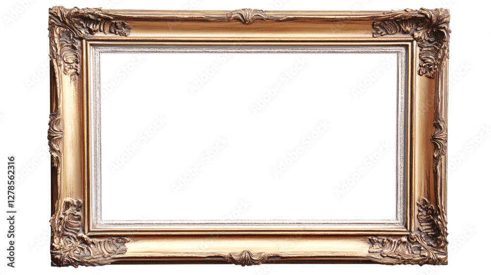 Poster elegant golden vintage frame with transparent background isolating the white copy space, perfect for