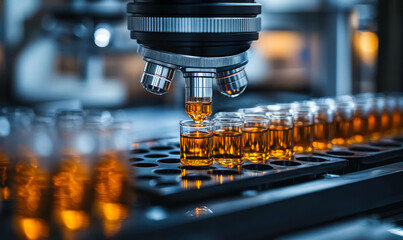Close-Up of Microscope Analyzing Liquid Samples in Laboratory Setting for Scientific Research and Testing