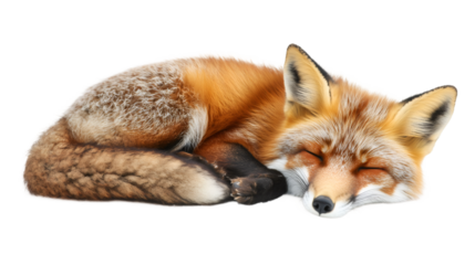 Studio shot featuring a red fox sleeping peacefully, curled up on a transparent background, embodying tranquility and serene beauty