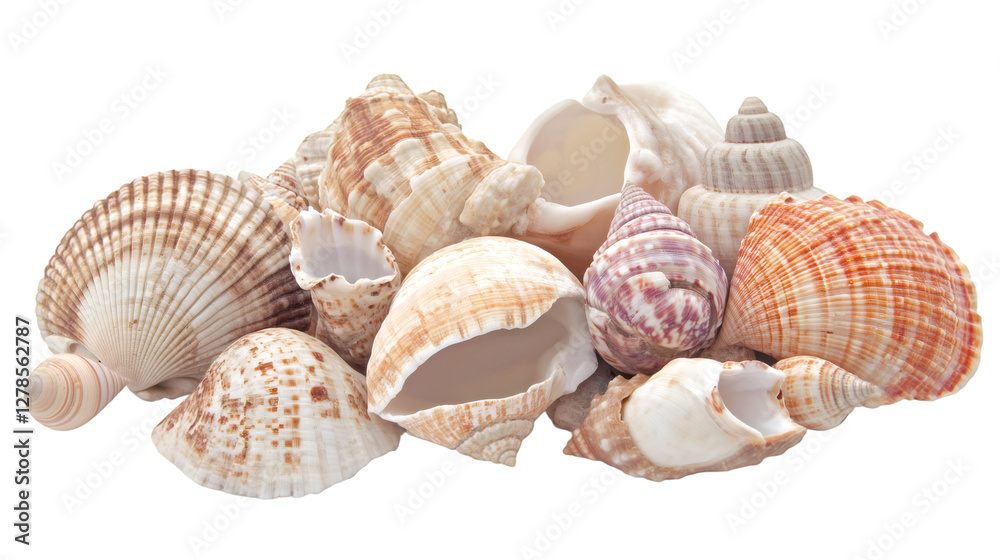 Poster different kinds of seashells lying on a transparent background, perfect for marine-themed projects