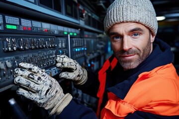 Skilled technician operating complex machinery in a control room, wearing gloves and a beanie, focused on his work, safety gear, industrial environment, technology concept