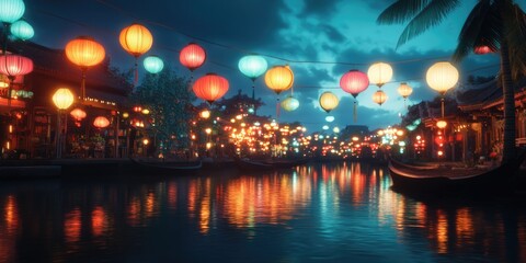 Colorful Paper Lanterns on Canal
