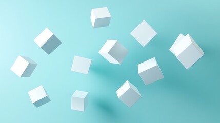 Floating white cubes on a light blue background.