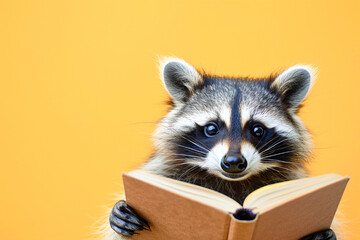 An inquisitive raccoon engrossed in a book against a bright yellow background, showcasing curiosity.