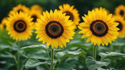 Vibrant Yellow Sunflowers Bloom in Lush Green Field on Sunny Day