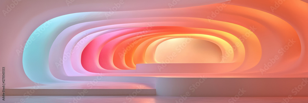 Poster smooth, curvy panels arranged in a minimalist tower, each panel in a slightly different light