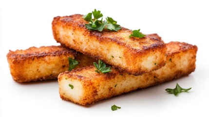 Crispy fish finger sticks garnished with fresh parsley on white background