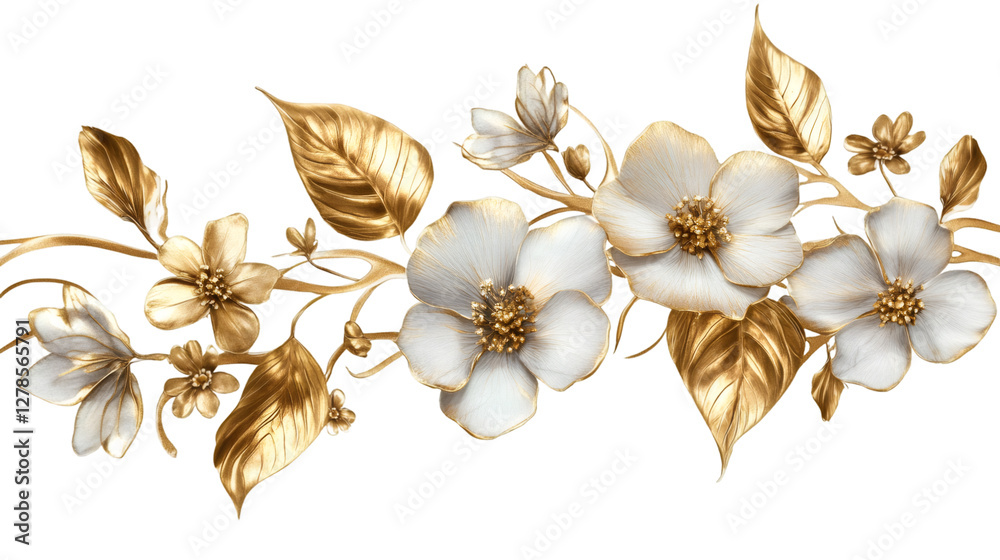 Poster elegant seamless border adorned with delicate white flowers and shimmering gold leaves, adding luxur