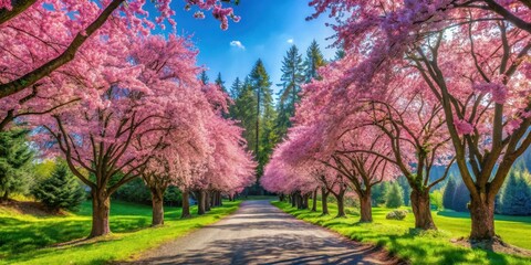 Naklejka premium Vibrant pink cherry blossoms cascade down a serene forest path surrounded by towering evergreen trees and lush greenery under a clear blue sky, pink blossoms, colorful blooms