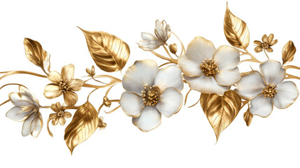 Elegant seamless border adorned with delicate white flowers and shimmering gold leaves, adding luxury to designs on a transparent background