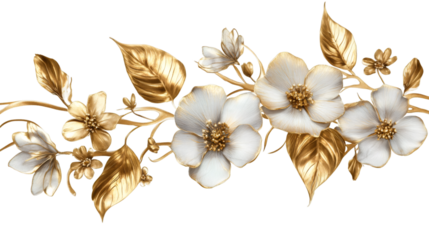 Elegant seamless border adorned with delicate white flowers and shimmering gold leaves, adding luxury to designs on a transparent background