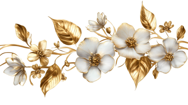 Elegant seamless border adorned with delicate white flowers and shimmering gold leaves, adding luxury to designs on a transparent background