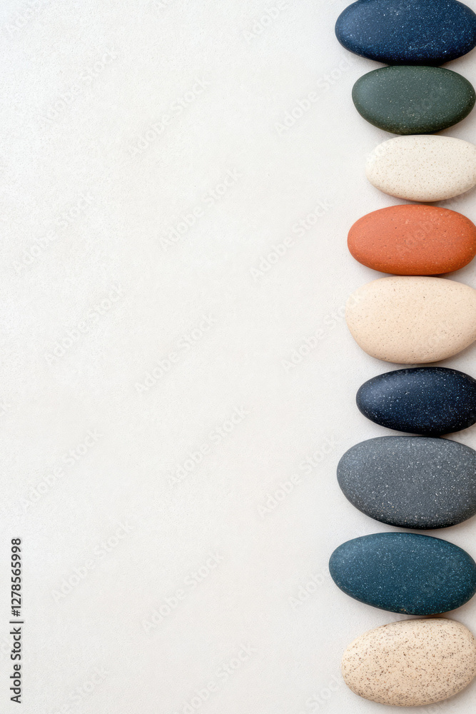 Poster rounded pebble-like layers arranged in a minimal composition, each slightly overlapping the next on