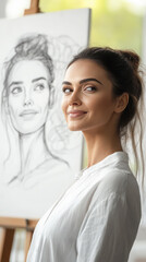 Obraz premium Young woman 30s Mediterranean olive skin long dark hair white shirt posing in home art studio beside self portrait pencil sketch, creativity drawing teaching concept