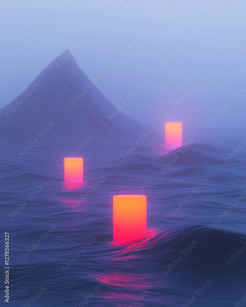 Poster low-poly style cylinders in complementary neon hues, their tops aligned to form a rippling wave