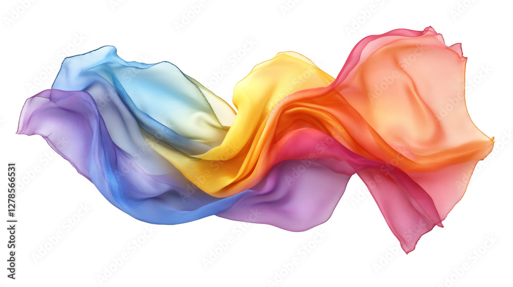 Poster iridescent fabric flowing and waving, casting colorful translucent curves with soft, silky movement 