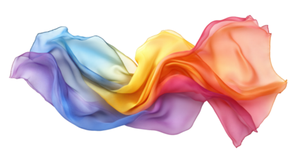 Iridescent fabric flowing and waving, casting colorful translucent curves with soft, silky movement against white transparent backdrop