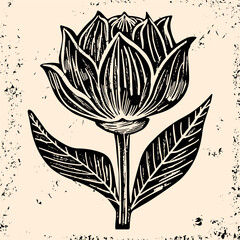 Flowers linocut vector illustration with grunge texture. Monochrome linear woodcut illustration