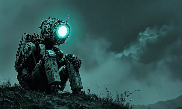 Solitary robot, night landscape, contemplation, digital art, sci-fi