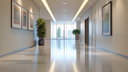 Fototapeta premium Modern Office Corridor with Natural Light and Elegant Decor
