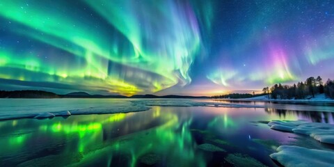 Breathtaking Northern Lights display in the night sky over a frozen lake