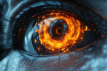 Closeup futuristic eye glowing with technology