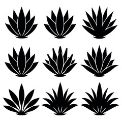 A collection of nine simple, black silhouette illustrations of agave plants in pots.