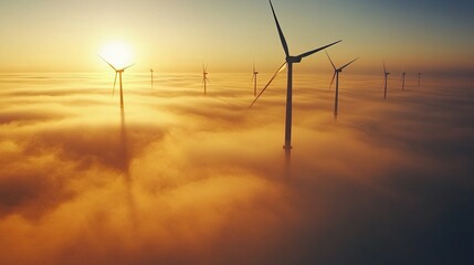 Aerial view of offshore wind farm at sunrise, turbines emerging from ocean mist, golden light reflecting on blades