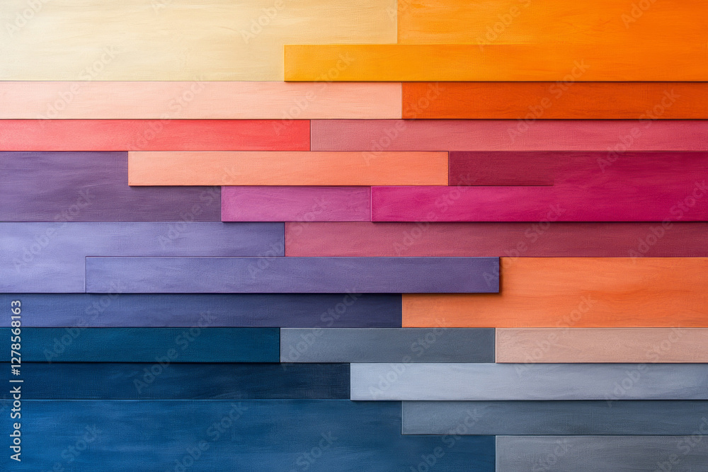 Poster bold layers of horizontal stripes transitioning from warm orange to magenta, arranged in