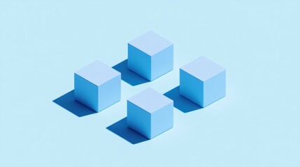 Four light blue cubes arranged in a plus sign on a light blue background, casting shadows.