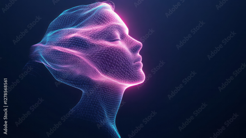 Aufkleber polygonal head silhouette composed of interlocking neon grid lines in a stark black space, glowing