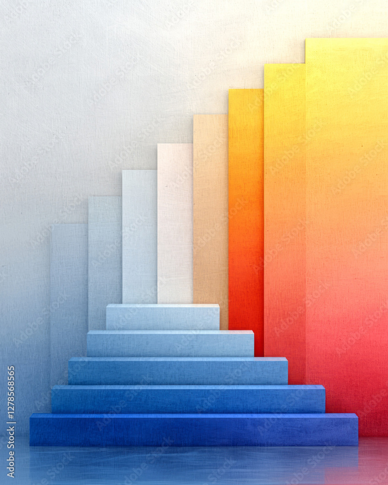 Poster simple color blocks arranged as offset layers, reflecting the shifting orange-to-rose spectrum of a