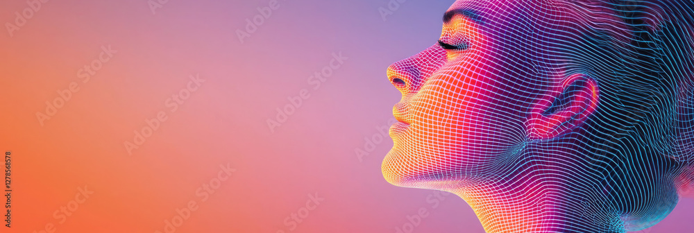 Aufkleber minimalist side profile formed by a network of luminous grid shapes, highlighted by bold iridescent
