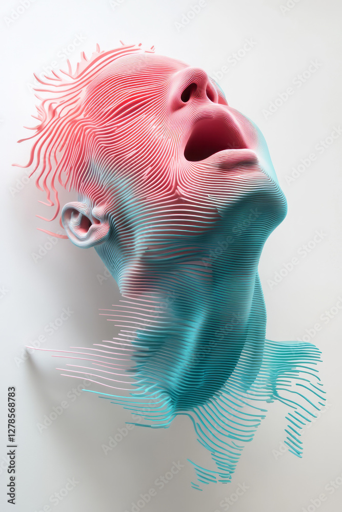 Aufkleber Abstract 3D head model with dynamic, shifting grid lines that transition from teal near the base to