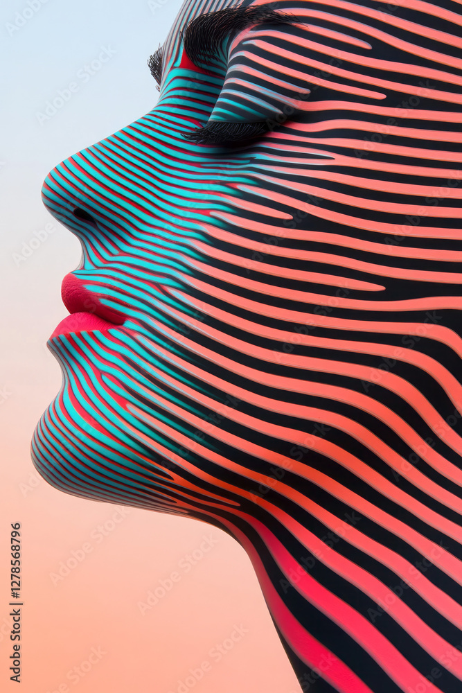 Poster Abstract 3D head model with dynamic, shifting grid lines that transition from teal near the base to
