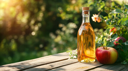 A bottle of apple cider vinegar placed outdoors in a garden setting, captured with a selective focus effect